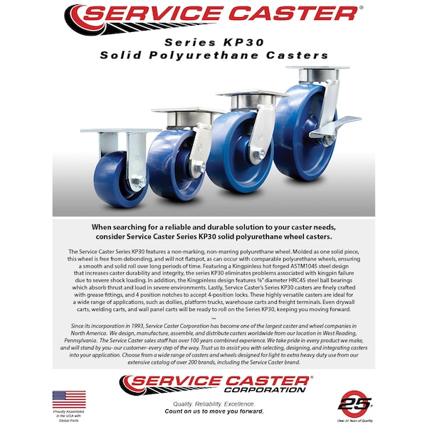 Service Caster 4 Inch Kingpinless Solid Poly Wheel Swivel Caster Set with Swivel Lock SCC SCC-KP30S420-SPUR-BSL-4 - main